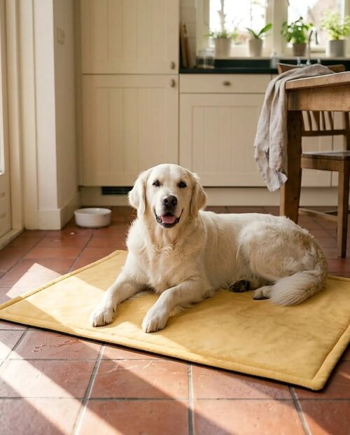 Golden retriever na żółtej macie dla psa Riposo
